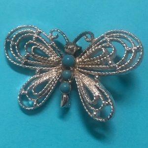 Vintage Signed Gerrys Silver Toned Butterfly Brooch with 3 Faux Turquoise Stones
